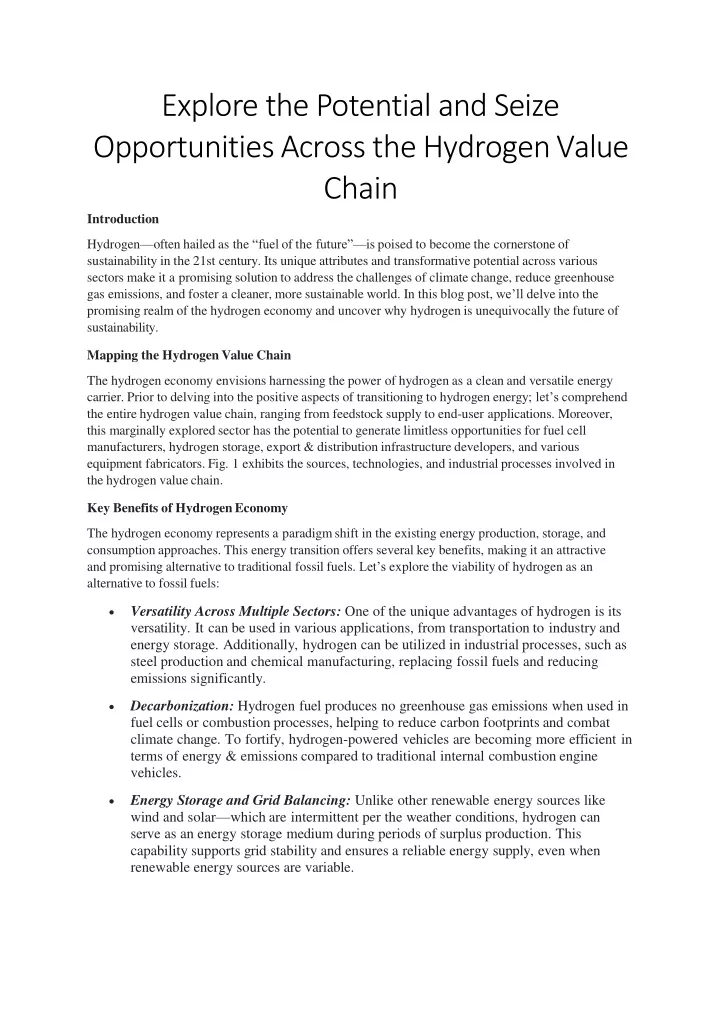 e x pl o r e t h e p o t e n t i a l a n d s e i z e opportunities across the hydrogen value chain