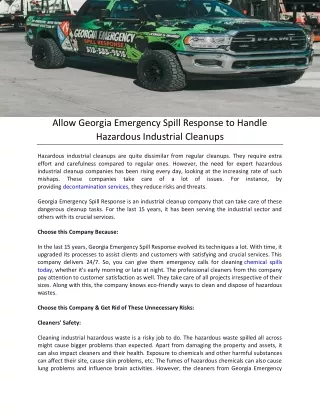 Allow Georgia Emergency Spill Response to Handle Hazardous Industrial Cleanups