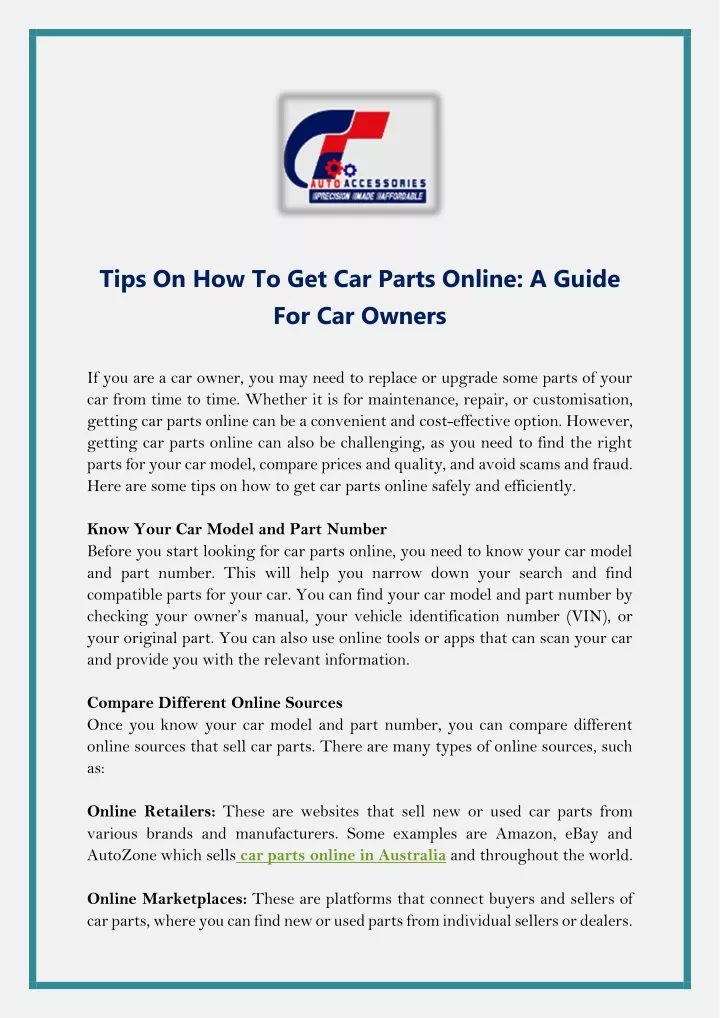 tips on how to get car parts online a guide
