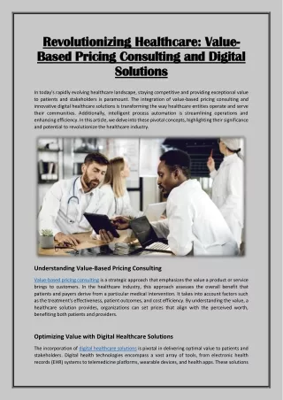 Revolutionizing Healthcare: Value-Based Pricing Consulting and Digital Solutions