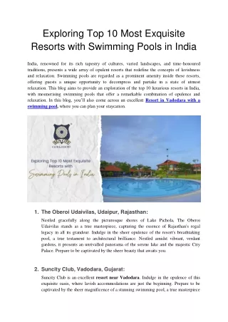 Exploring Top 10 Most Exquisite Resorts with Swimming Pools in India