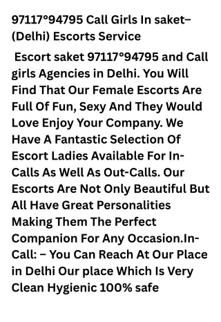 97117°94795 Call Girls In saket– (Delhi) Escorts Service