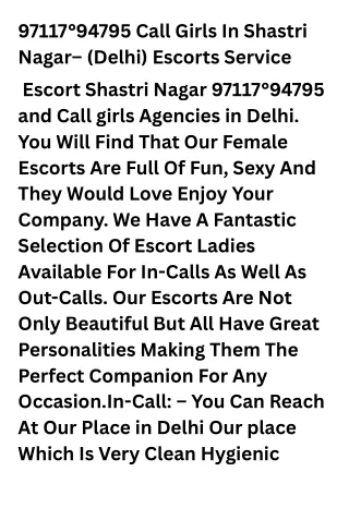 97117°94795 Call Girls In Shastri Nagar– (Delhi) Escorts Service