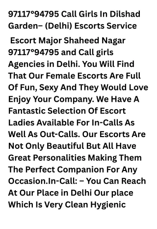 97117°94795 Call Girls In Dilshad Garden– (Delhi) Escorts Service