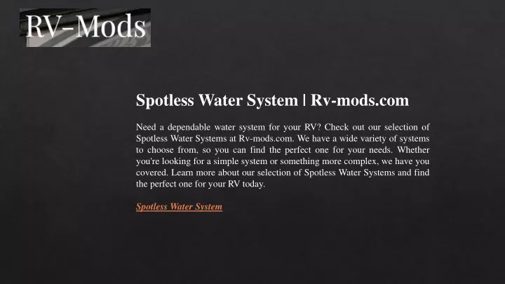 spotless water system rv mods com need