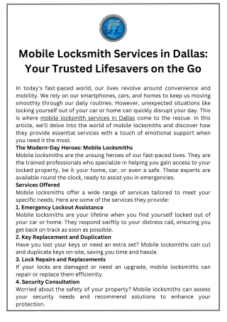 Mobile Locksmith Services in Dallas Your Trusted Lifesavers on the Go