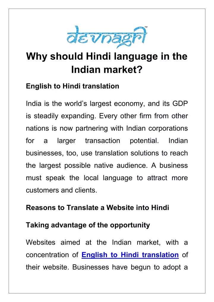 why should hindi language in the indian market