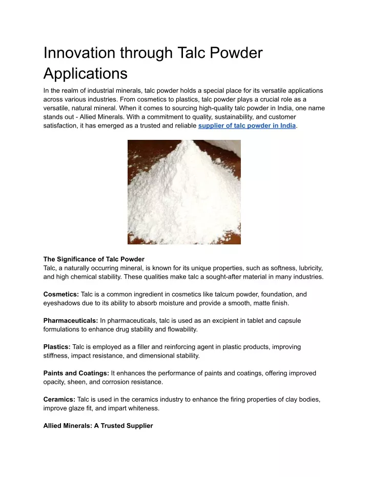 innovation through talc powder applications