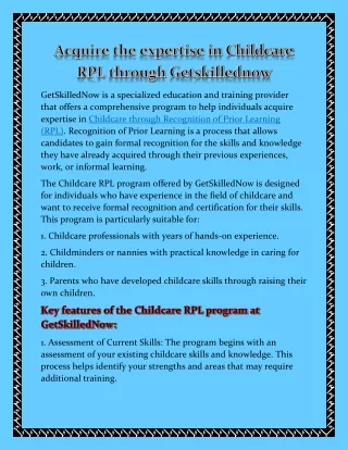 Acquire the expertise in Childcare RPL through Getskillednow.