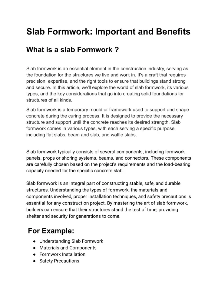 slab formwork important and benefits