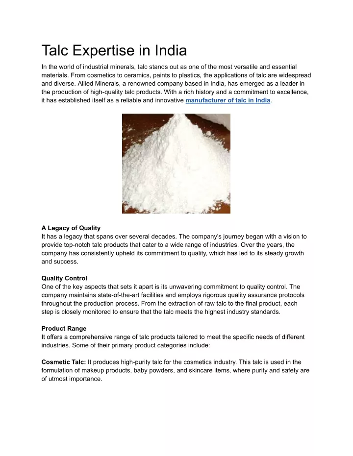 talc expertise in india