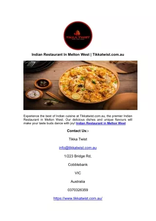 Indian Restaurant In Melton West | Tikkatwist.com.au