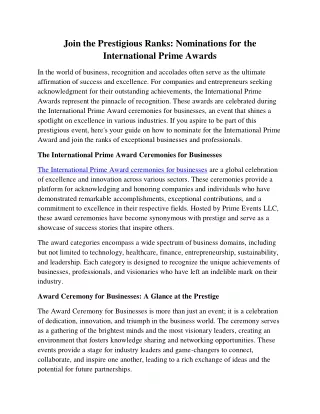 Join the Prestigious Ranks Nominations for International Prime Awards