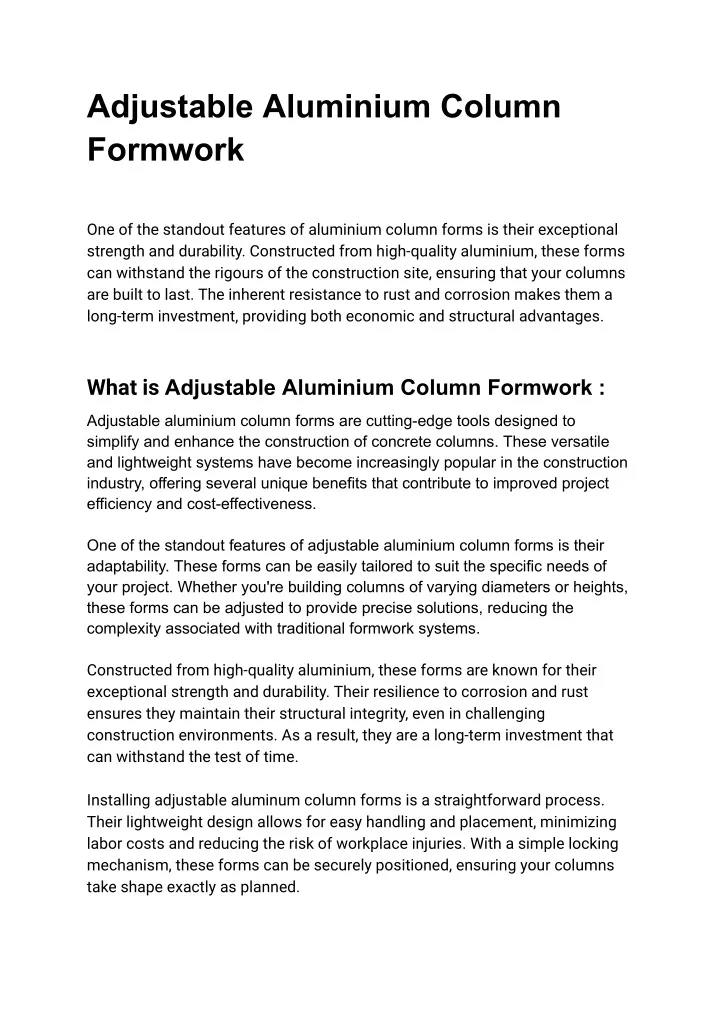 adjustable aluminium column formwork