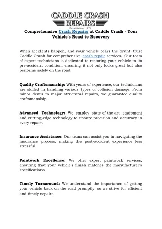 Comprehensive Crash Repairs at Caddle Crash - Your Vehicle's Road to Recovery