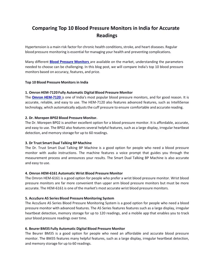 comparing top 10 blood pressure monitors in india