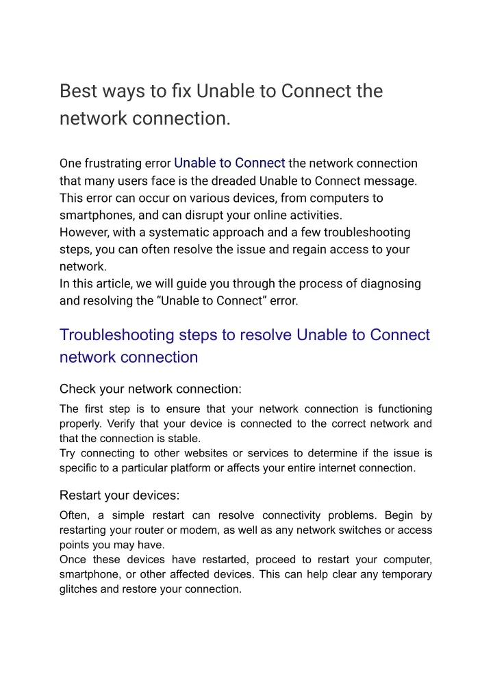 best ways to fix unable to connect the network