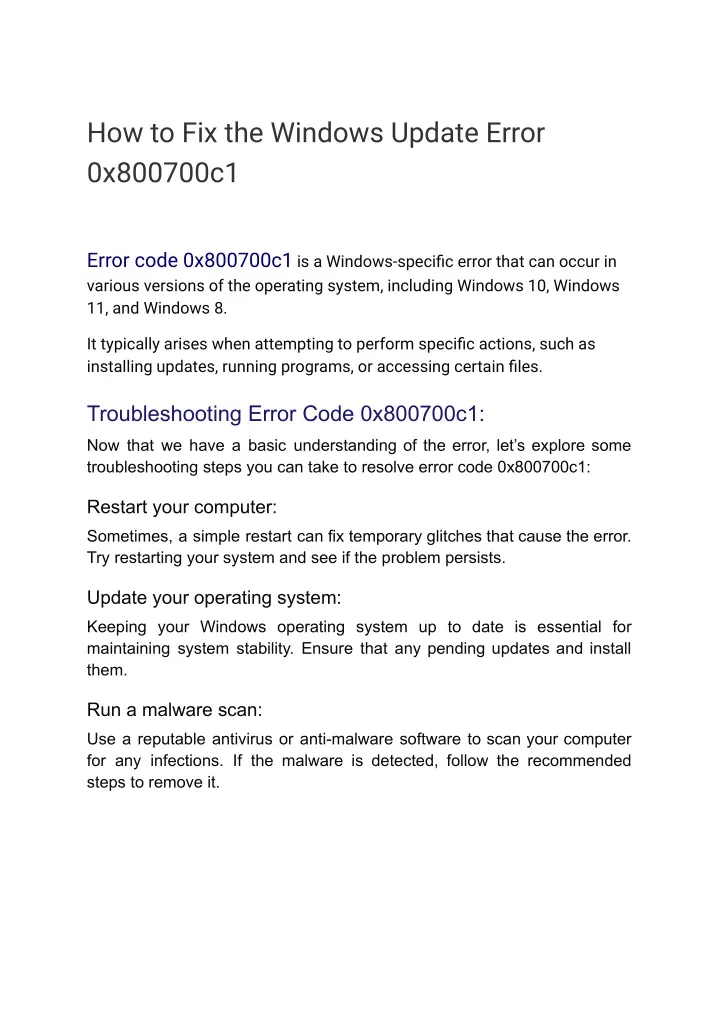 how to fix the windows update error 0x800700c1