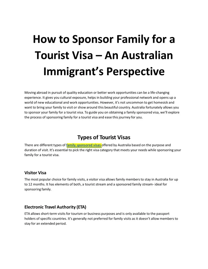 how to sponsor family for a tourist visa an australian immigrant s perspective