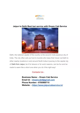 Jaipur to Delhi Best taxi service with Dream Cab Service