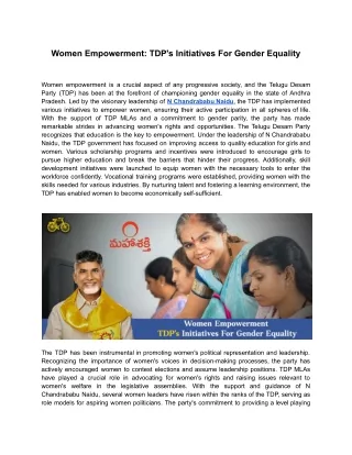 Women Empowerment: TDP's Initiatives For Gender Equality