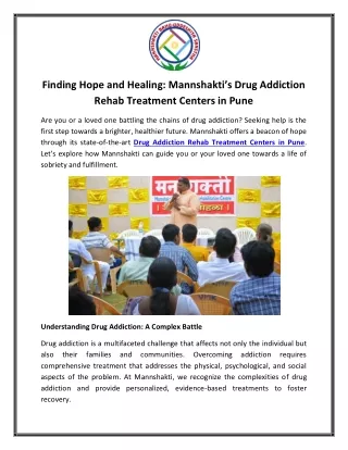 Finding Hope and Healing Mannshakti’s Drug Addiction Rehab Treatment Centers in Pune