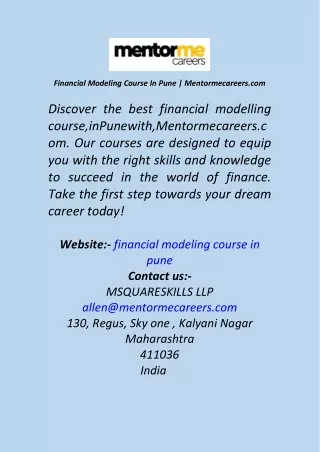 Financial Modeling Course In Pune  Mentormecareers.com