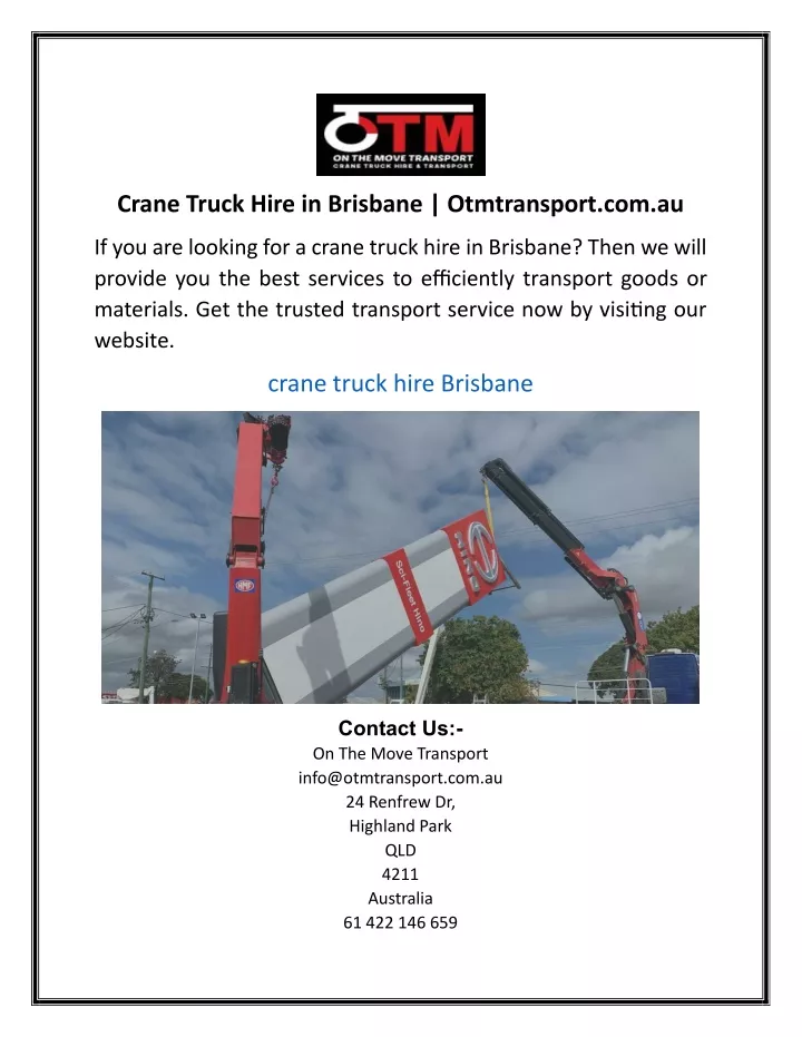 crane truck hire in brisbane otmtransport com au
