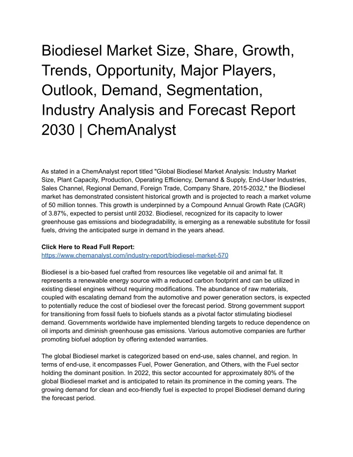 biodiesel market size share growth trends