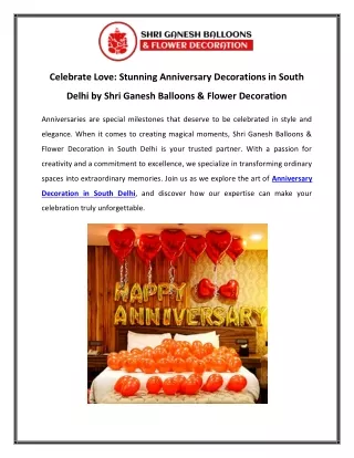 Celebrate Love Stunning Anniversary Decorations in South Delhi by Shri Ganesh Balloons & Flower Decoration