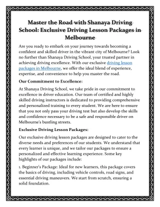 Master the Road with Shanaya Driving School: Exclusive Driving Lesson Packages