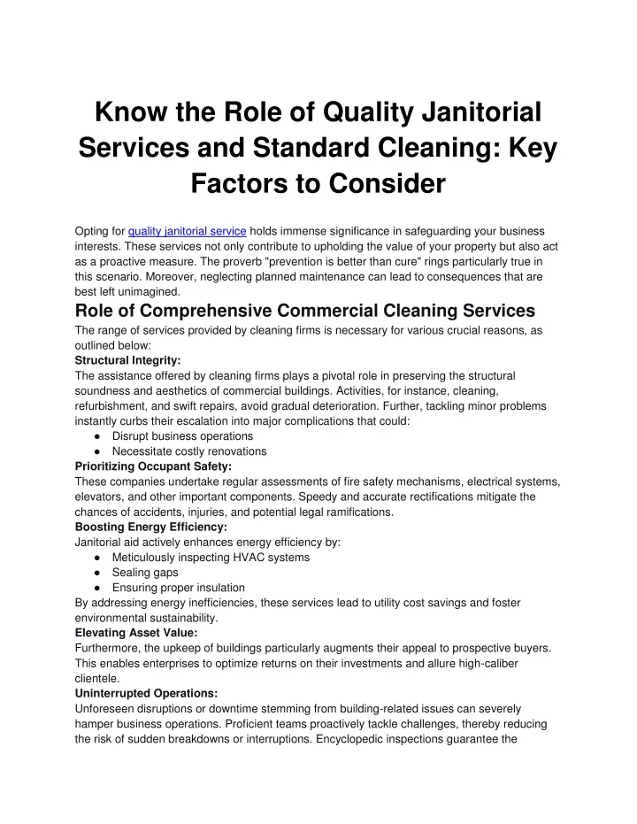 know the role of quality janitorial services