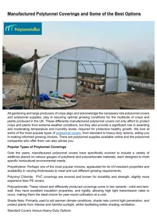 Manufactured Polytunnel Coverings and Some of the Best Options
