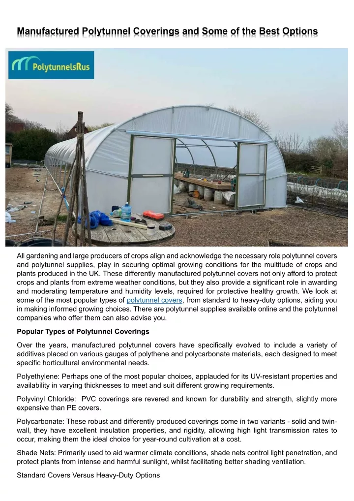 manufactured polytunnel coverings and some