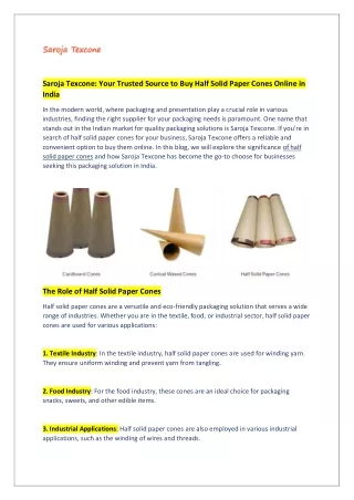 Saroja Texcone: Your Trusted Source to Buy Half Solid Paper Cones Online in Indi