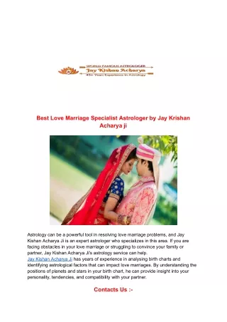 Best Love Marriage Specialist Astrologer by Jay Krishan Acharya ji