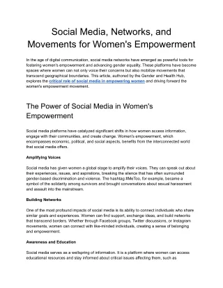 Social Media, Networks, and Movements for Women's Empowerment