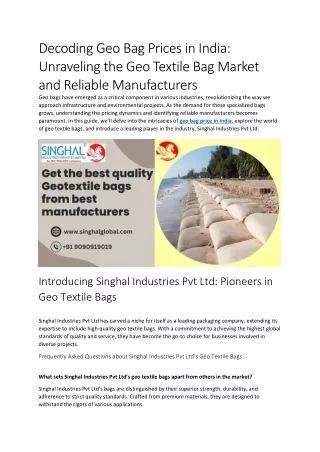 Decoding Geo Bag Prices in India Unraveling the Geo Textile Bag Market and Reliable Manufacturers