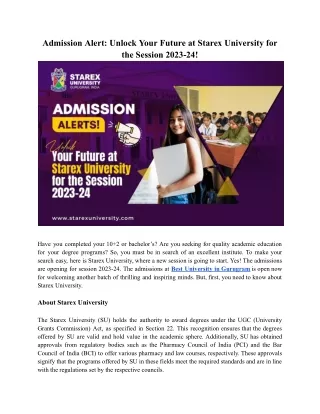 Admission Alert: Unlock Your Future at Starex University for the Session 2023-24