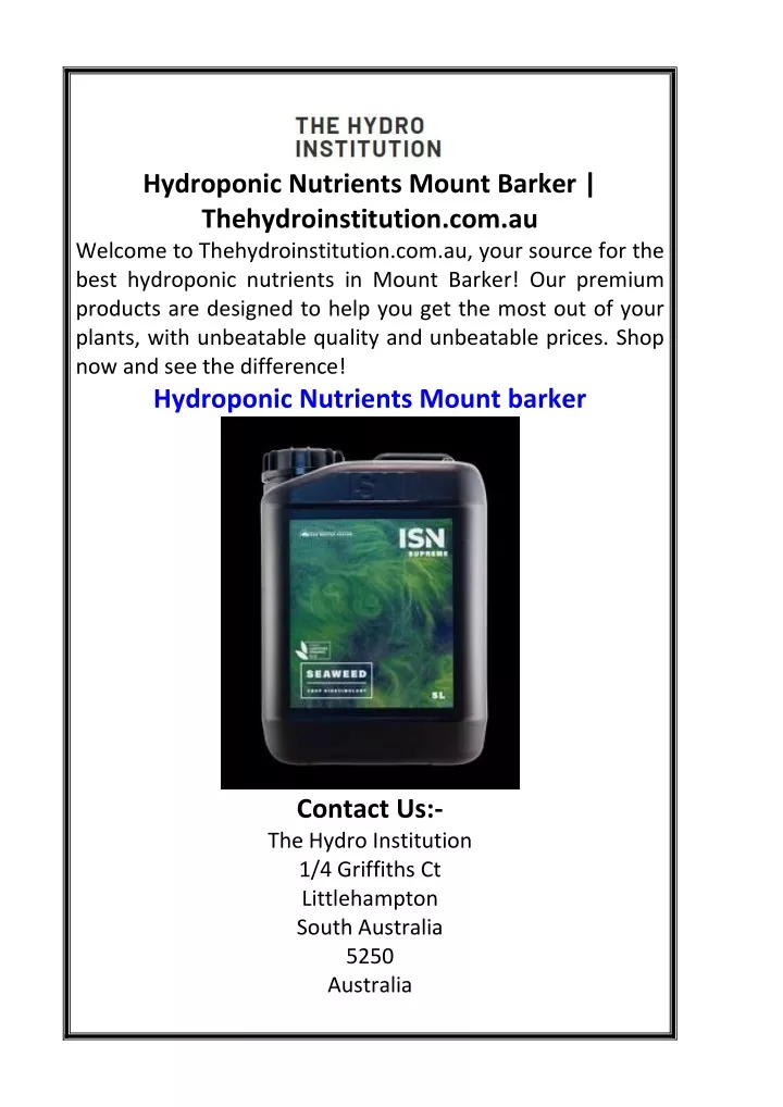 hydroponic nutrients mount barker