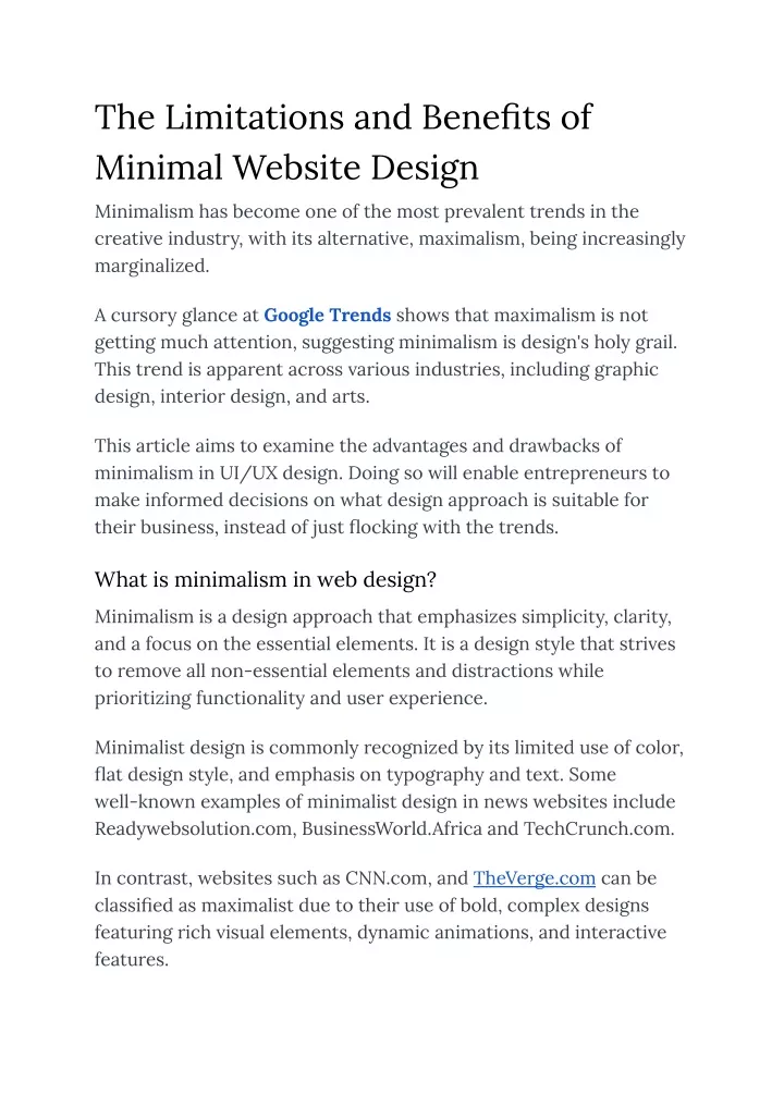 the limitations and benefits of minimal website