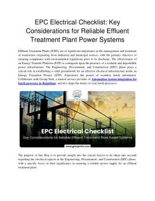 EPC Electrical Checklist - Key Consiferations for Reliable Effluent Treatment Plant Power Systems