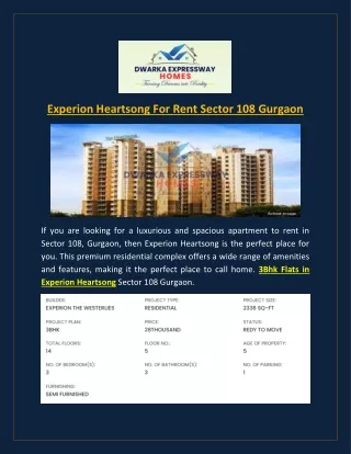 Experion Heartsong For Rent Sector 108 Gurgaon