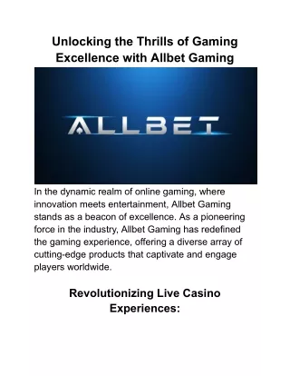 Unlocking the Thrills of Gaming Excellence with Allbet Gaming