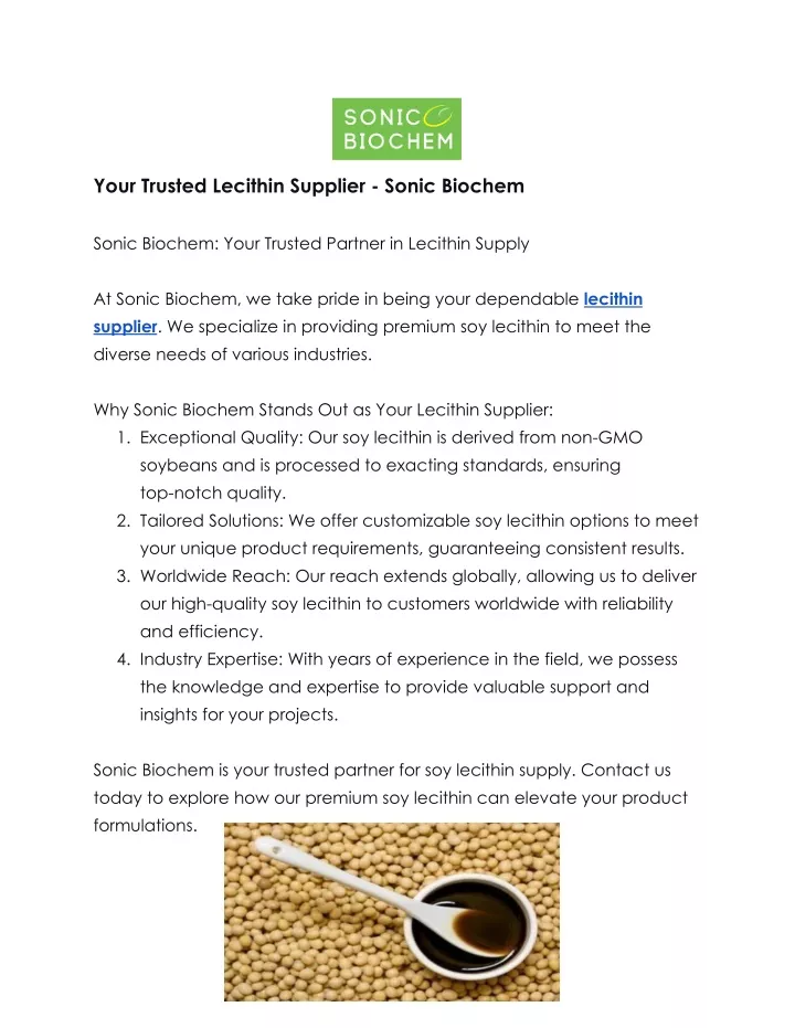 your trusted lecithin supplier sonic biochem