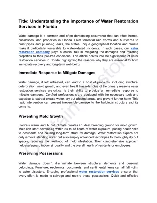 Understanding the Importance of Water Restoration Services in Florida