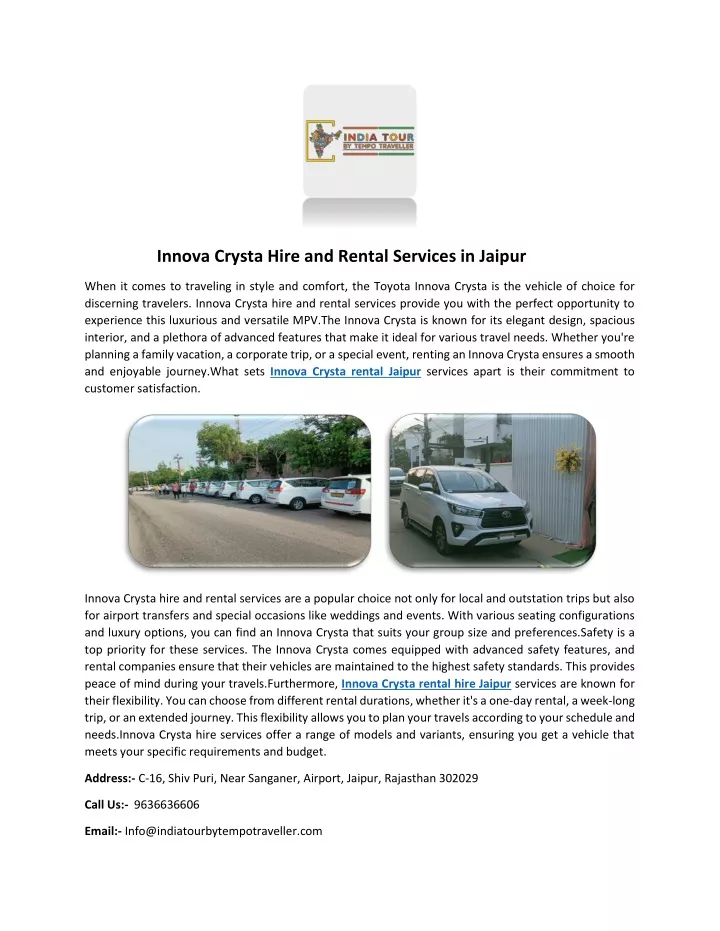 innova crysta hire and rental services in jaipur