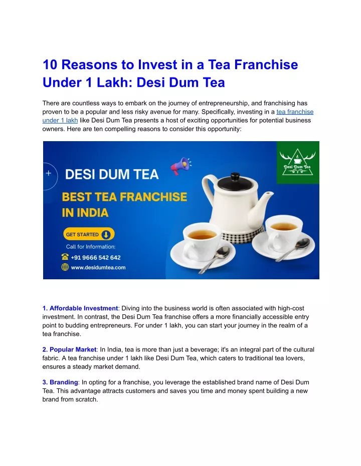 10 reasons to invest in a tea franchise under