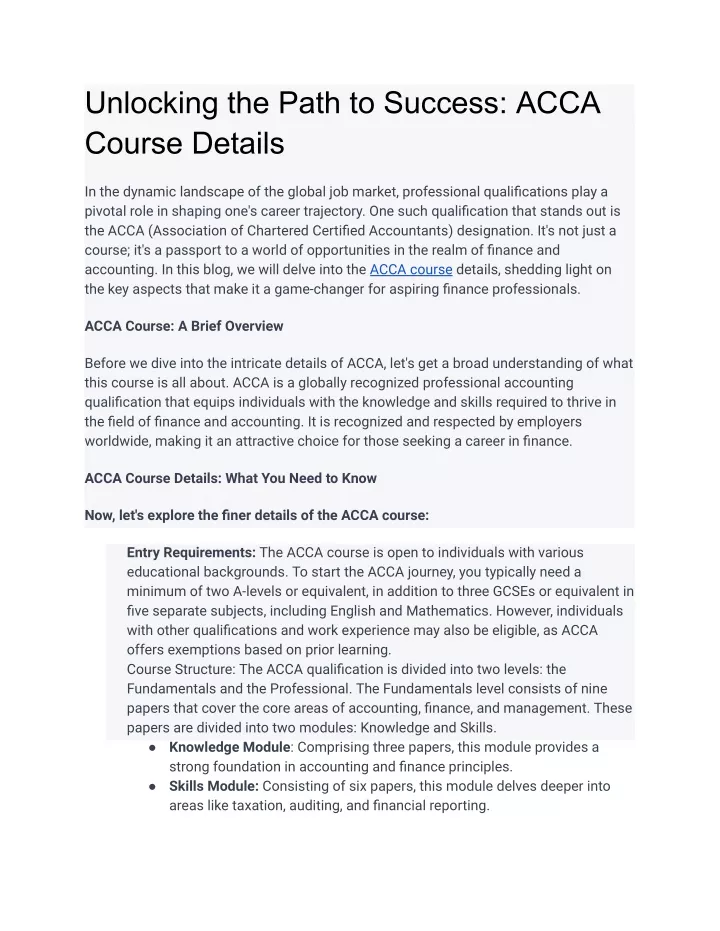 unlocking the path to success acca course details