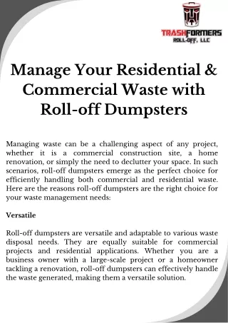 Manage Your Residential & Commercial Waste with Roll-off Dumpsters